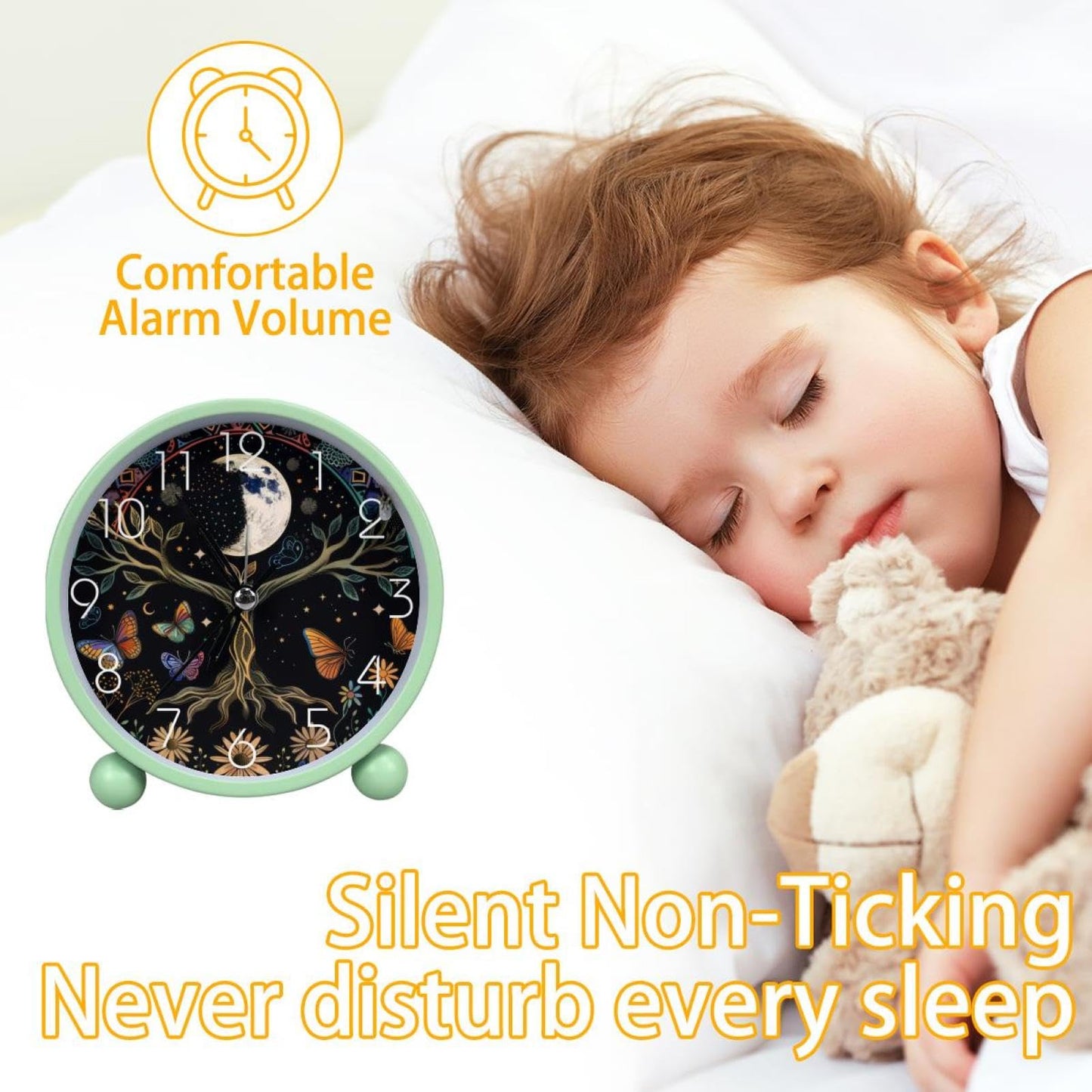 IROLSKDNFH 4.3" Decorative No Ticking Analog Alarm Clock, Battery Operated Desk Clock with Light, Easy to Set, for Bedroom, Kids, Seniors, Moon Phase Tree of Life Nature Flower Plant Butterfly