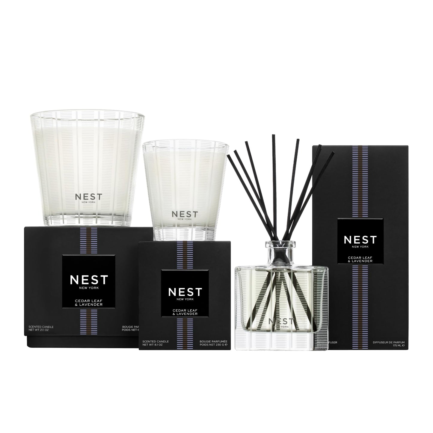 NEST New York Reed Diffuser, Cedar Leaf & Lavender - 5.9 fl oz - Fragrance for Up to 90 Days - Reusable, Refillable Glass Holder - Includes 8 All-Natural Reed Sticks - Flame Free