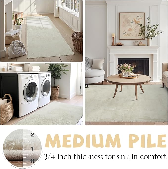 jinchan Solid Plush Area Rug 4x6 Performance Shaggy Washable Rug Indoor Soft Modern Faux Wool Cozy Non Slip Carpet for Living Room Kids Room Bedroom Dining Room Nursery Ivory