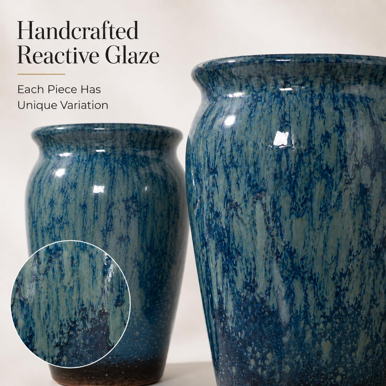 WildCorner Set of 2 8 Inch Ceramic Plant Pots with Drainage Holes, Reactive Glaze Planters for Indoor Plants, Decorative Flower Pots for Covered Outdoor Patio, Boho Housewarming Gift, Blue