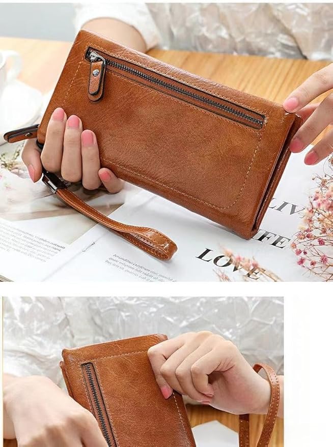 Vyrnox Genuine Leather Women's Long Vintage Zipper Money Clip Clutch Bag with RFID Blocking Coin Purse for Women Including Gift Box (Burgundy)