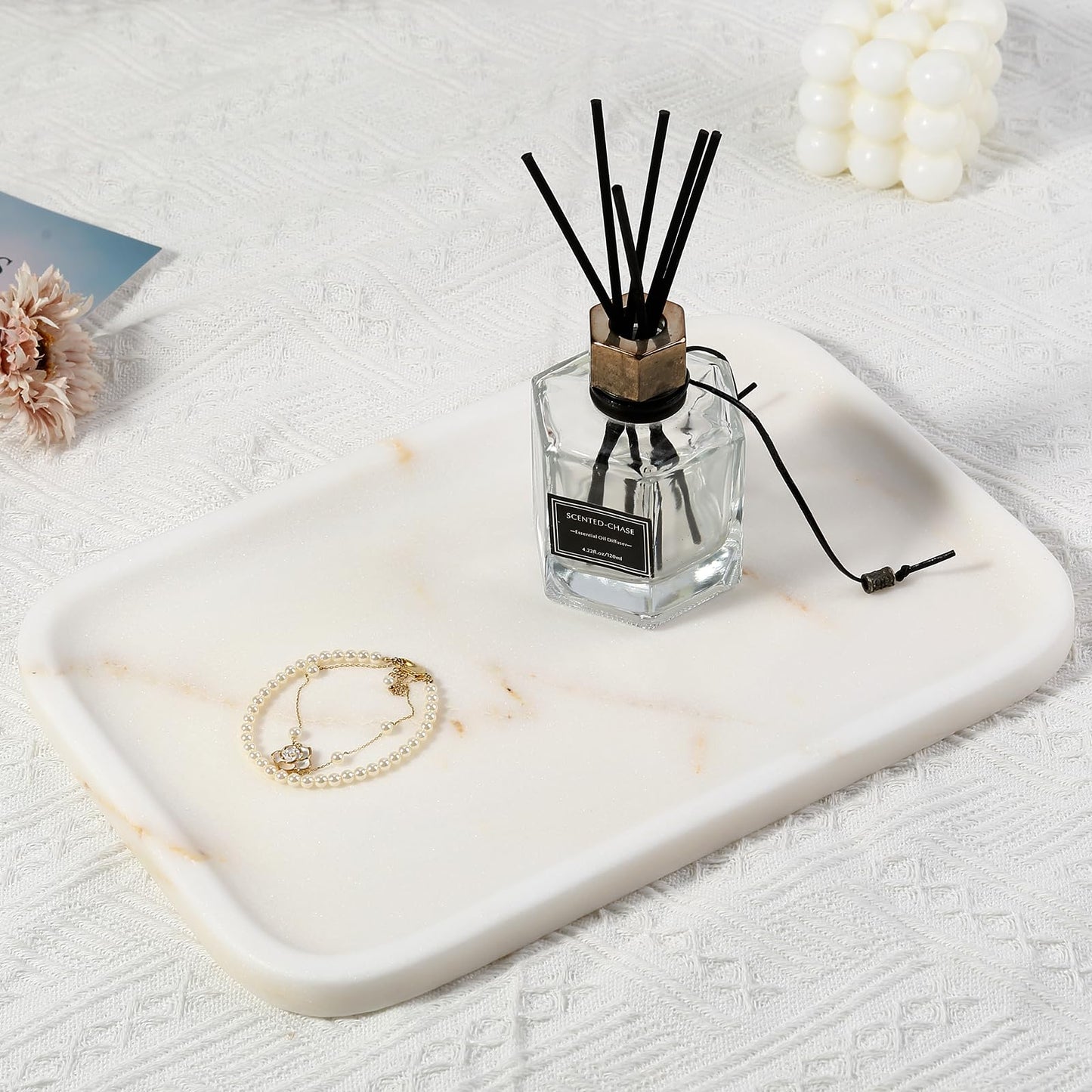 Koville Marble Tray, 12"x8" Natural Marble Vanity Tray for Countertop Bathroom Kitchen Dresser, Decorative Catchall Trays for Perfume Jewelry, Rectangular Stone Serving Tray(Golden Calacatta)
