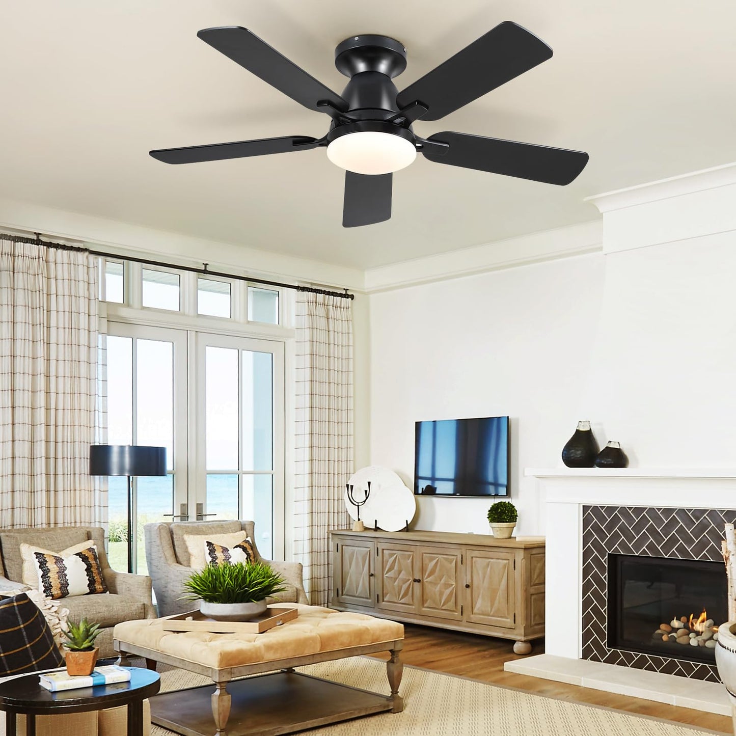 NSXQMUV 46 Inch Ceiling Fans with Lights and Remote, Modern Black Low Profile Ceiling fan with light for Bedroom Indoor/Outdoor, Flush Mount, Reversible Quiet DC Motor, Dimmable LED, Wooden Blades