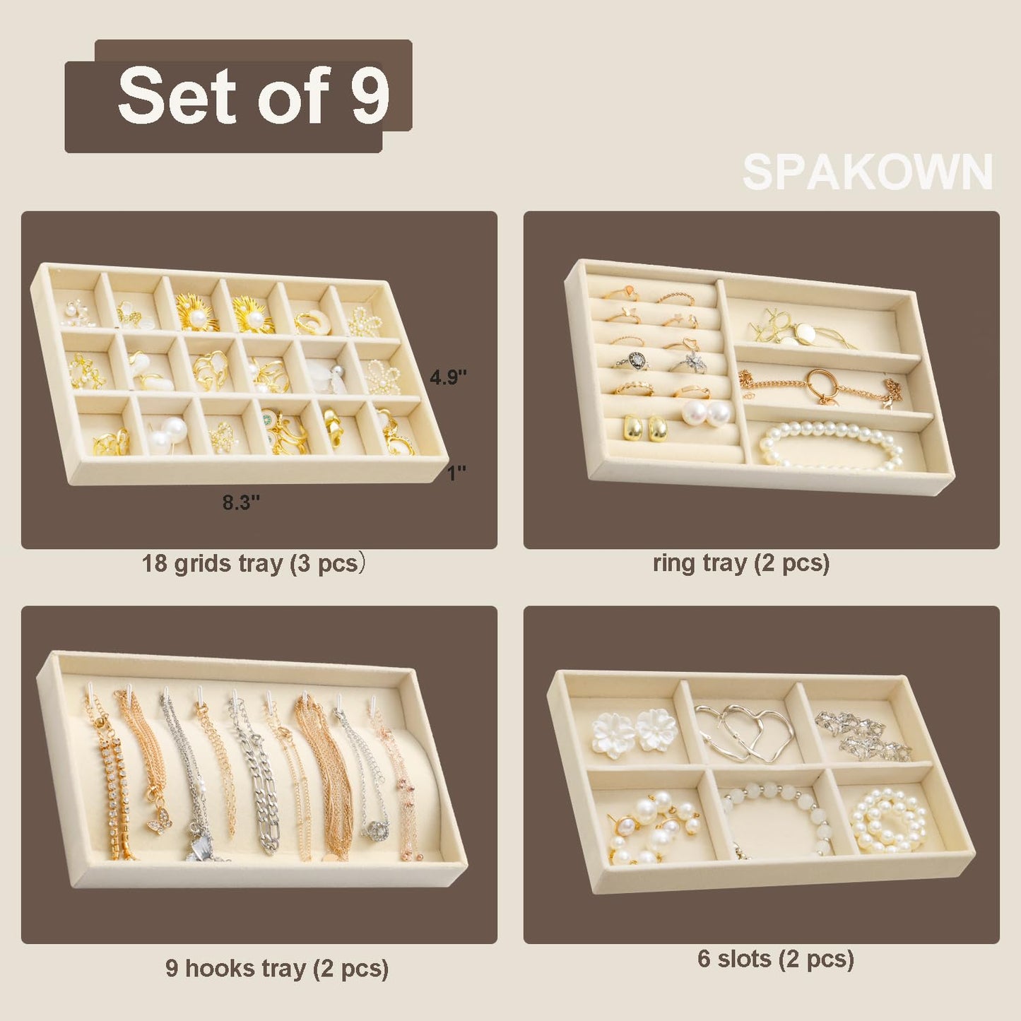 SPAKOWN Jewelry Trays Organizer for Drawer, 9 Set of Small Jewelry Display Case Storage Velvet Stackable Drawer Inserts Organizer for Necklaces Bracelets Earrings Rings (Beige)