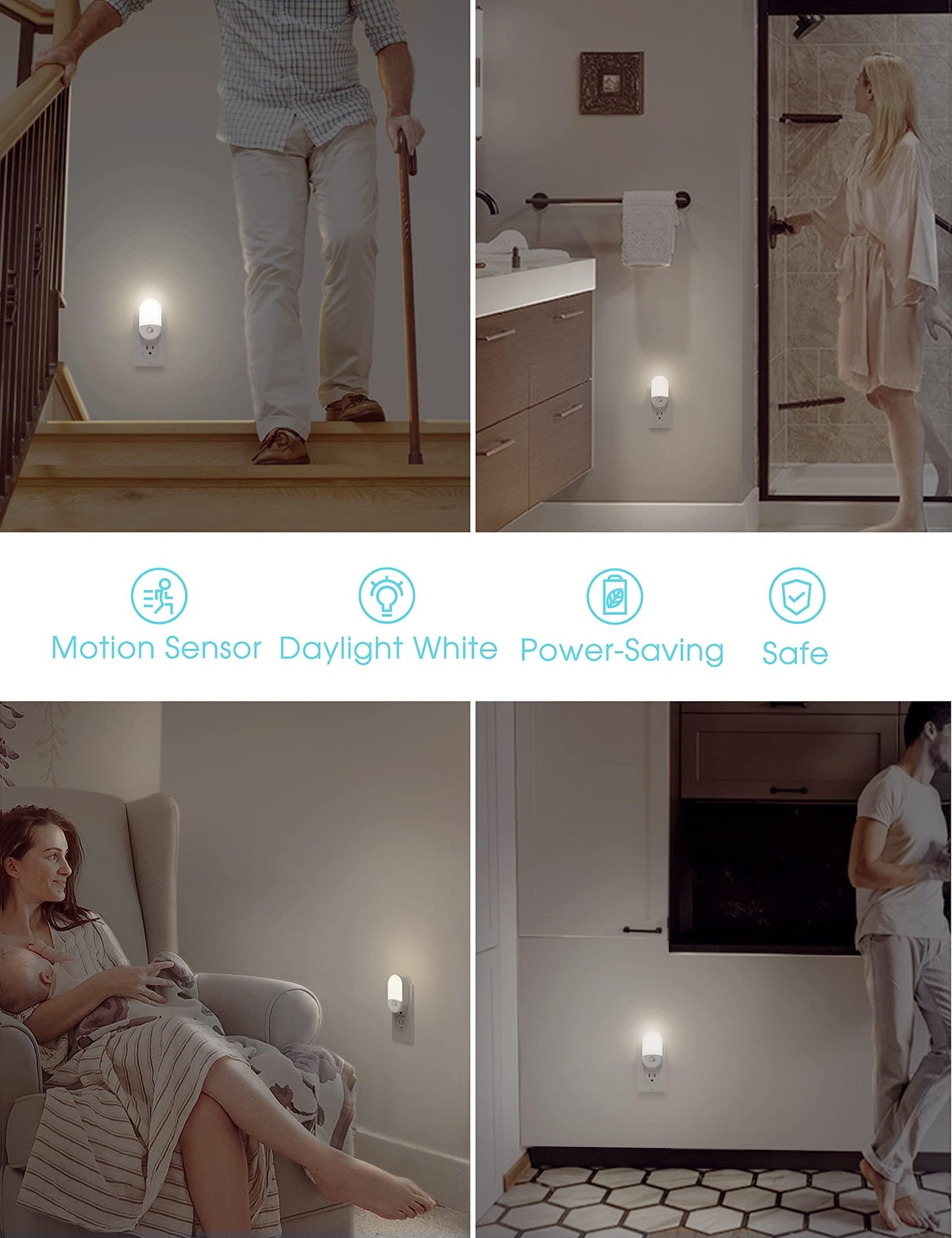 L LOHAS LED Night Light, Adjustable Brightness Night Light, Daylight Bright White Nightlight Plug in for Nursery Kids Bedroom Bathroom Nightlight, 4 Pack