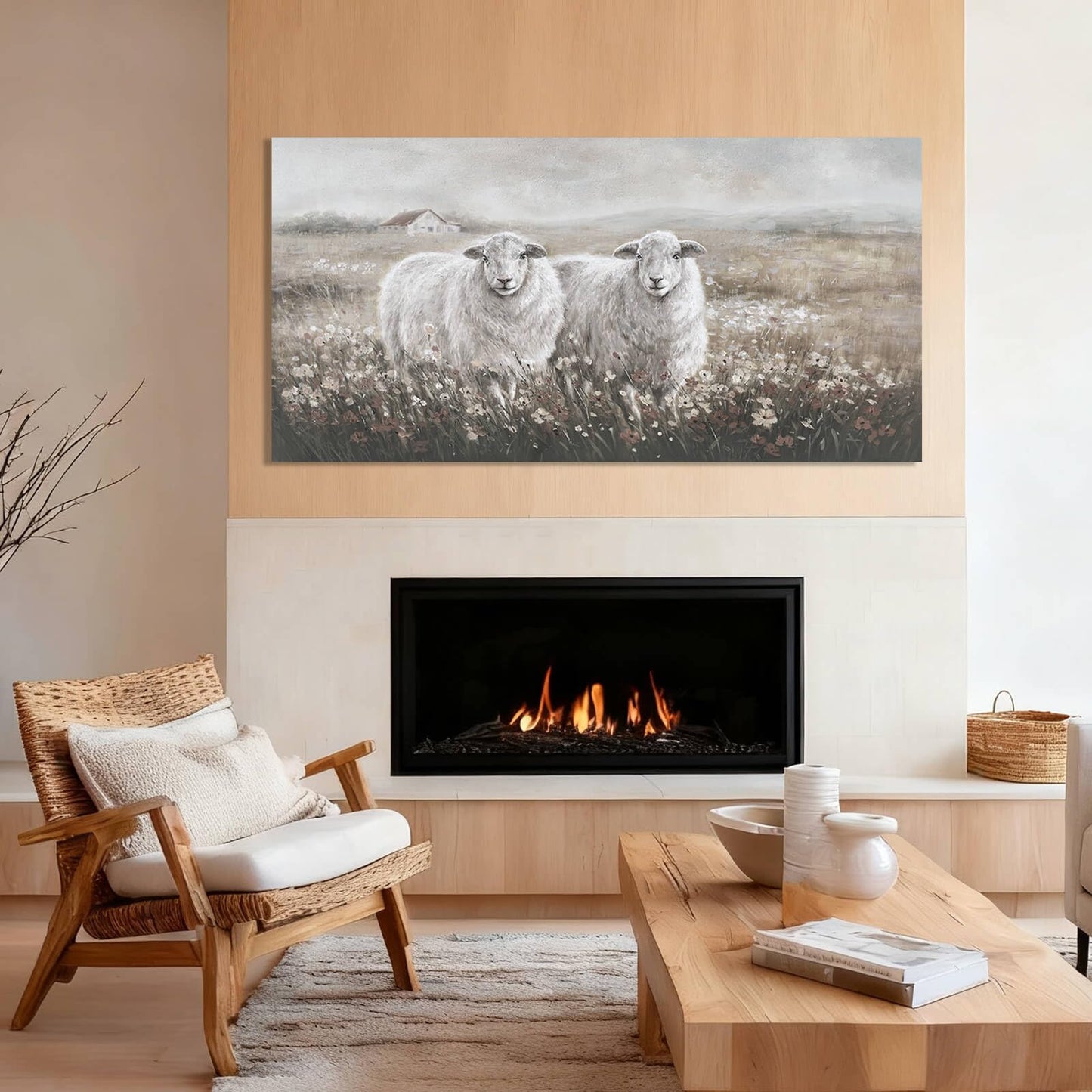 YETHEN WAL Large Sheep Pair Wall Art, Wildflower Field Landscape Canvas Print, Rustic Modern Farmhouse Wall Decor for Living Room Dining Room, Above Sofa, 24x48 Inch