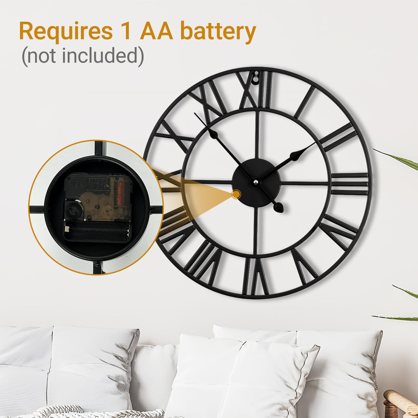 Blorple 20inch/50cm Large Wall Clocks for Living Room Decor,Modern,Battery Operated,Silent,Non Ticking,Big Black Round wall Clock for Home,Farmhouse,Office,Decoration(Iron Roman Numerals, 20 inches)