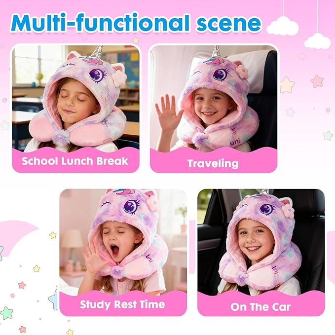 Travel Neck Pillow with Hood for Kids Adult Cute Soft Plush Memory Foam Airplane Neck Pillow for Traveling Animal Flight Pillow Head Rest Neck Support for Cars Long Flights