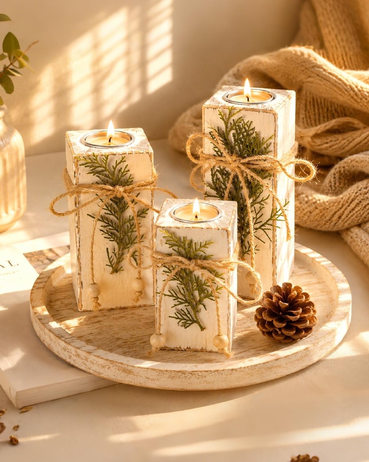 Farmhouse Decor Wooden Candle Holders Set of 3 - Fake Candles and Real Tea Lights, Rustic White Farmhouse Table Decor, Decorative Candles for Fireplace Mantel, Wedding, Holiday