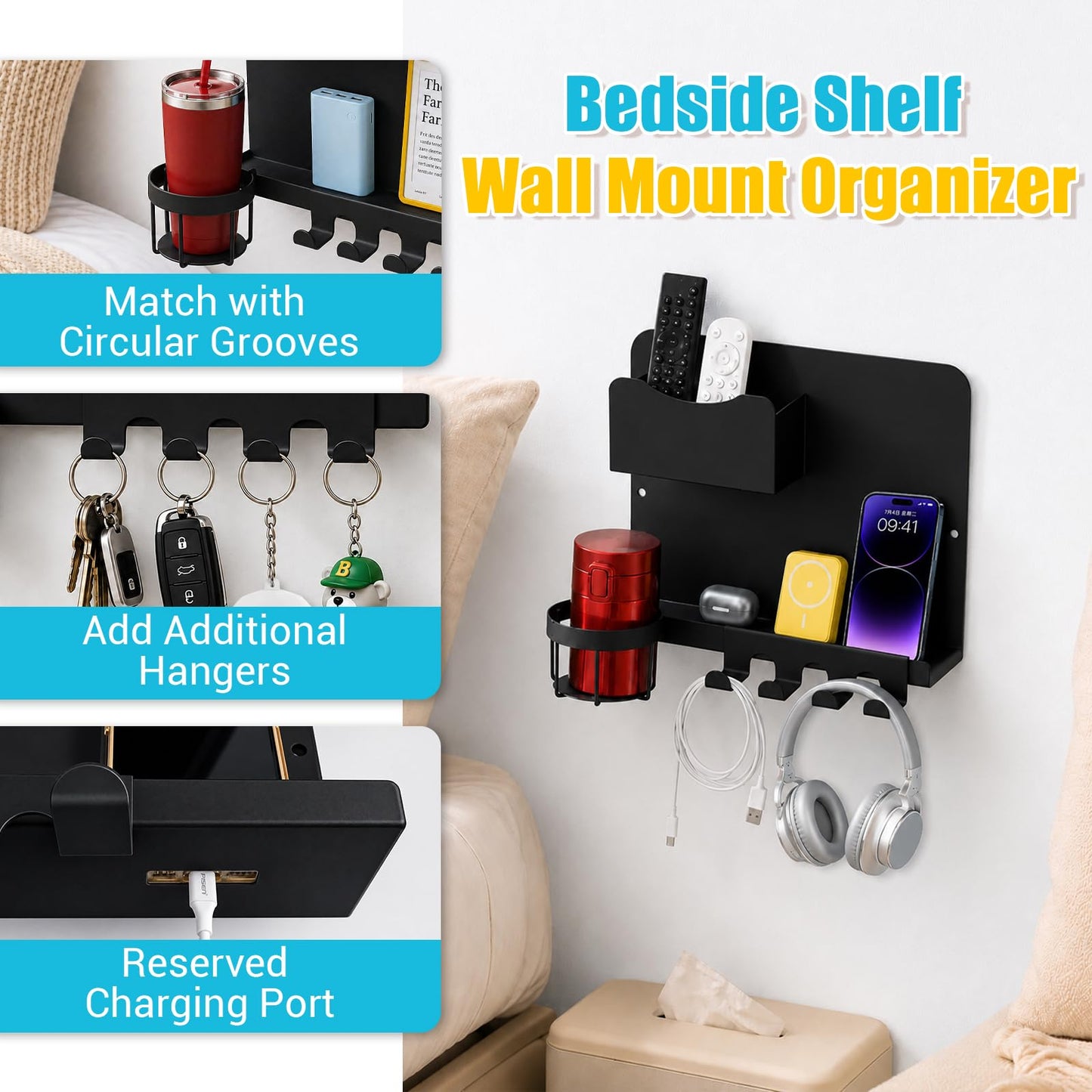 Metal Bedside Wall Shelf, No Drill Floating Bedside Shelf Wall Organizer