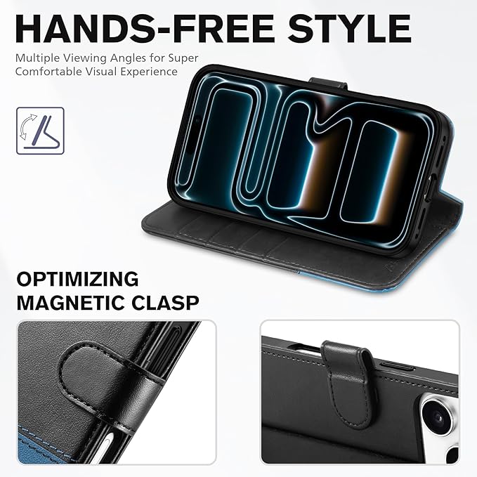 TUCCH Wallet Case for iPhone 17 Pro (6.3") 2025, RFID Blocking 4 Card Slots | Kickstand | Magnetic Closure | PU Leather | Shockproof TPU Shell | Protective Flip Cover | Black & Light Blue