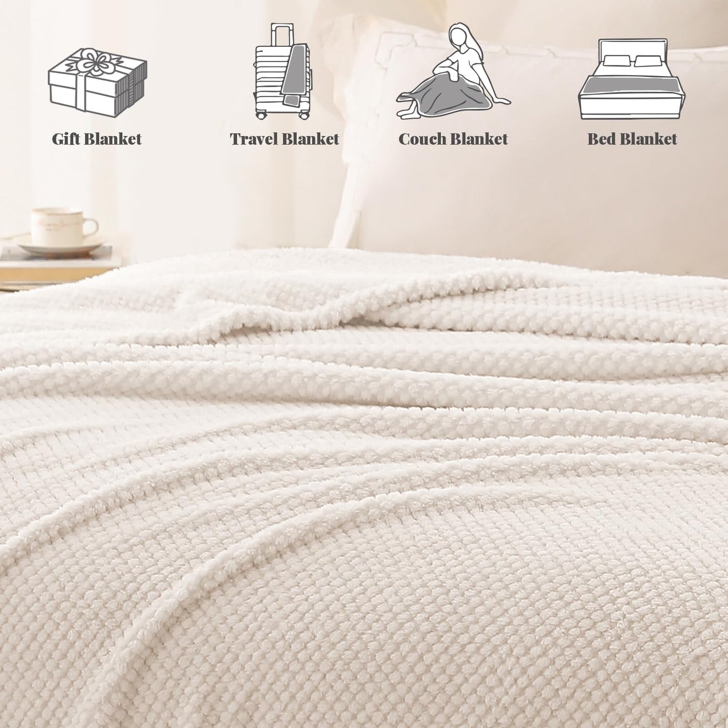 Whale Flotilla King Size Fuzzy Fleece Blanket for Bed, 90x104 Inch Fluffy Soft Jacquard Blankets for All Season, Lightweight and Cozy, Ivory