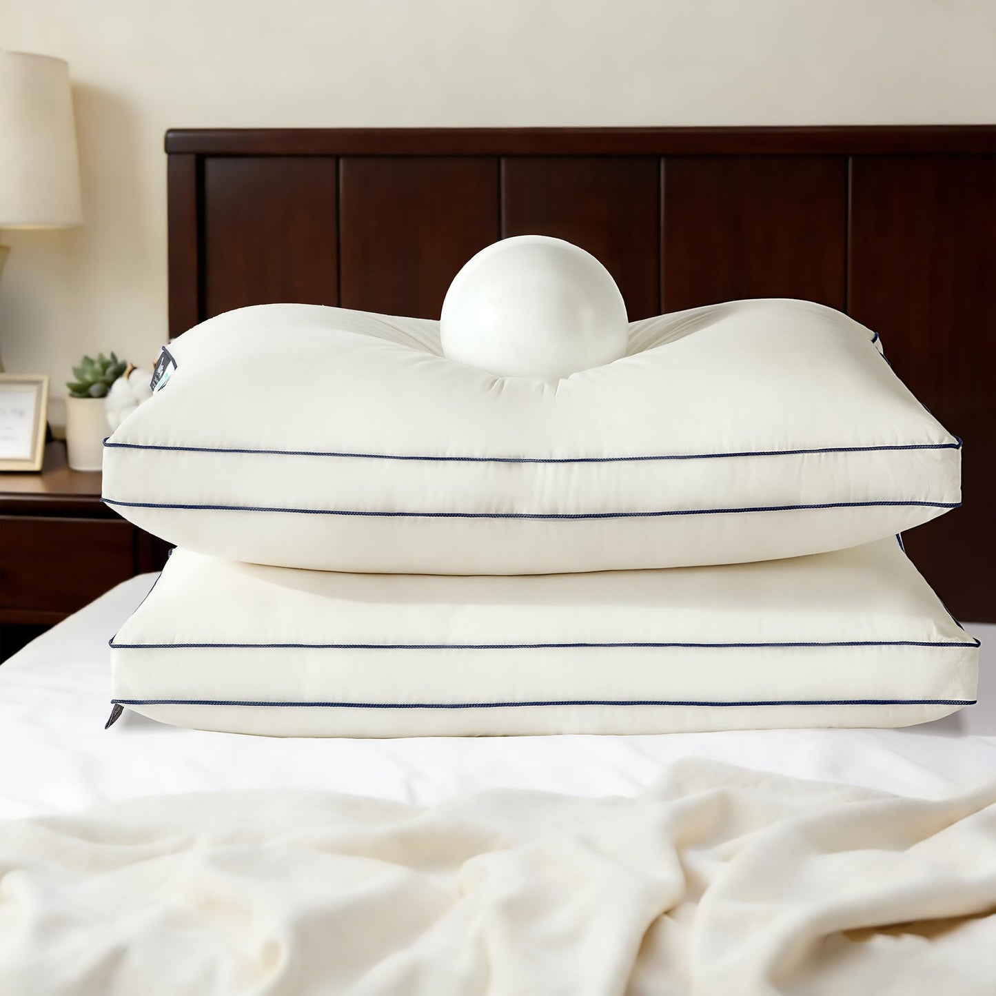 Gehtmnl Feather and Down Fiber Firm Bed Pillows Set of 2, 3-Chamber Design with 2” Gusset, Organic Cotton Cover, Hotel Quality Support for Side and Back Sleeper (2,King(20"x36"))