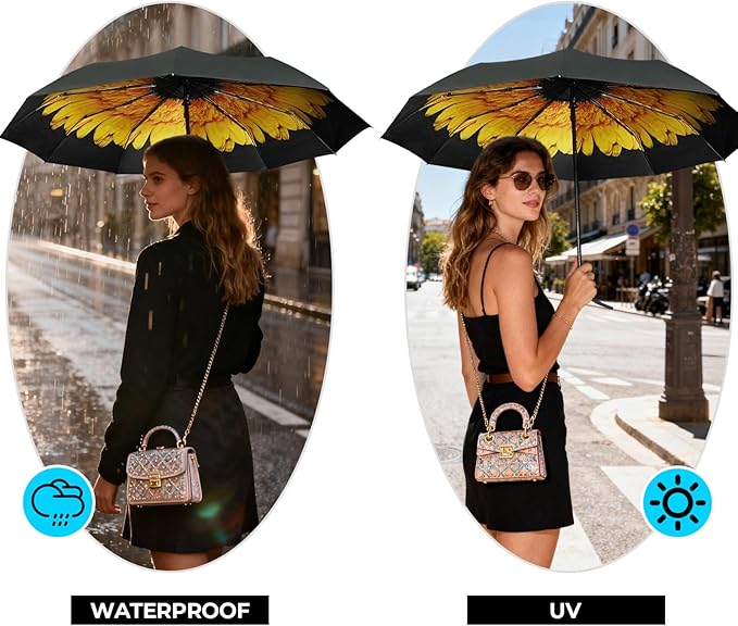 LLanxiry Compact Travel Umbrella, Automatic Open/Close Windproof Umbrella, 10 Fiberglass Ribs, 210T Pongee, UPF 50+ Sun/Rain, Lightweight Portable Umbrellas Travel Size with Carry Sleeve