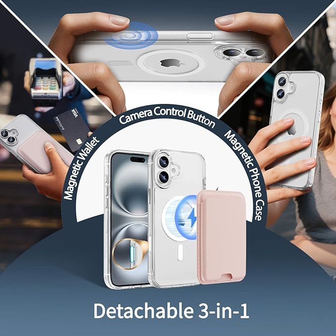 Ntwinro Magnetic for iPhone 16 Plus Clear Case (Compatible with MagSafe) with Pink Detachable Wallet & Card Holder for 3 Cards [RFID Blocking] Military Grade Protective Slim Phone Cover