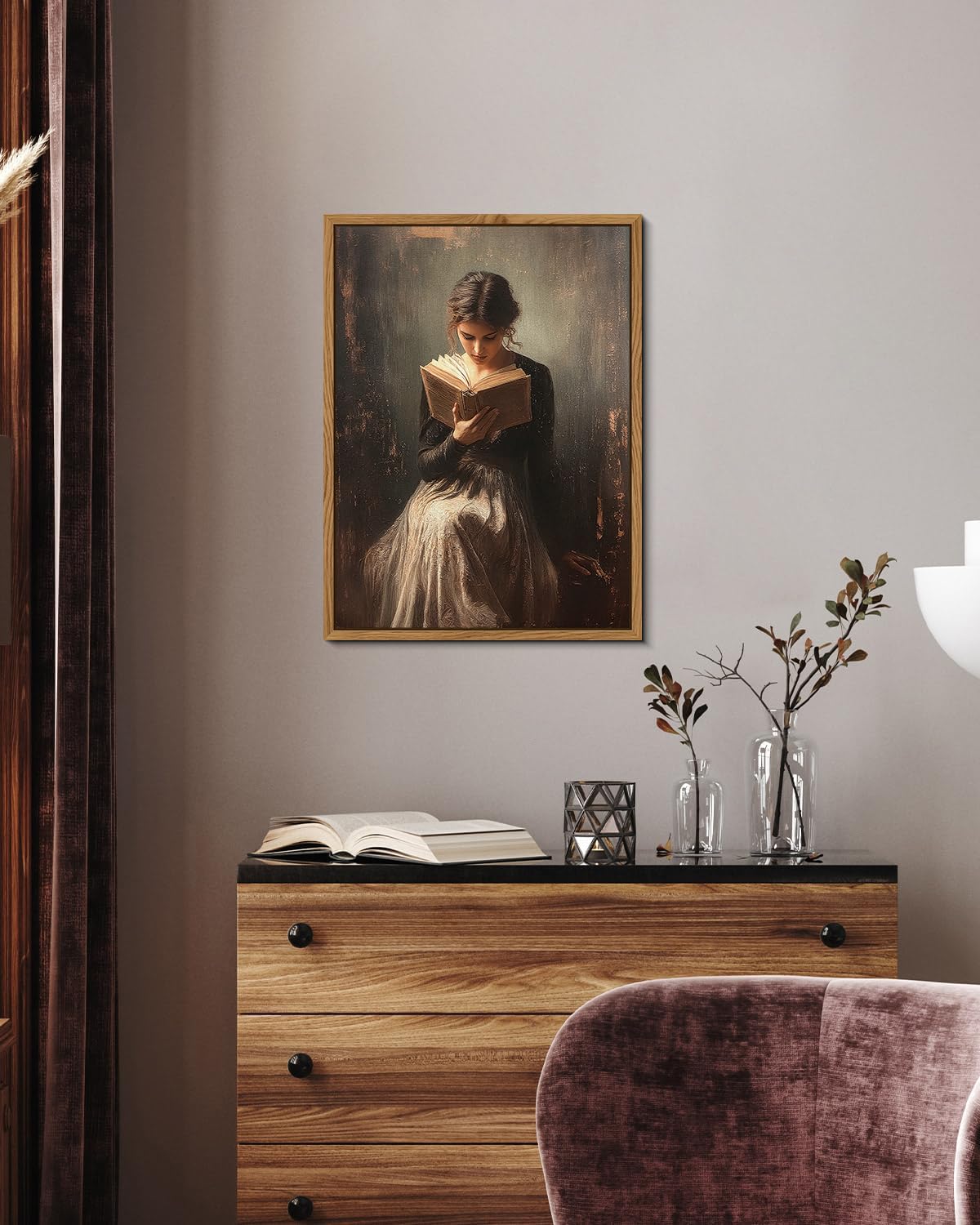 AIMAILON Framed Canvas Wall Art Retro Rustic Girl Reading Book Prints Study Artwork Small House Room Bedroom Living Room Decor Paintings Size 12x16