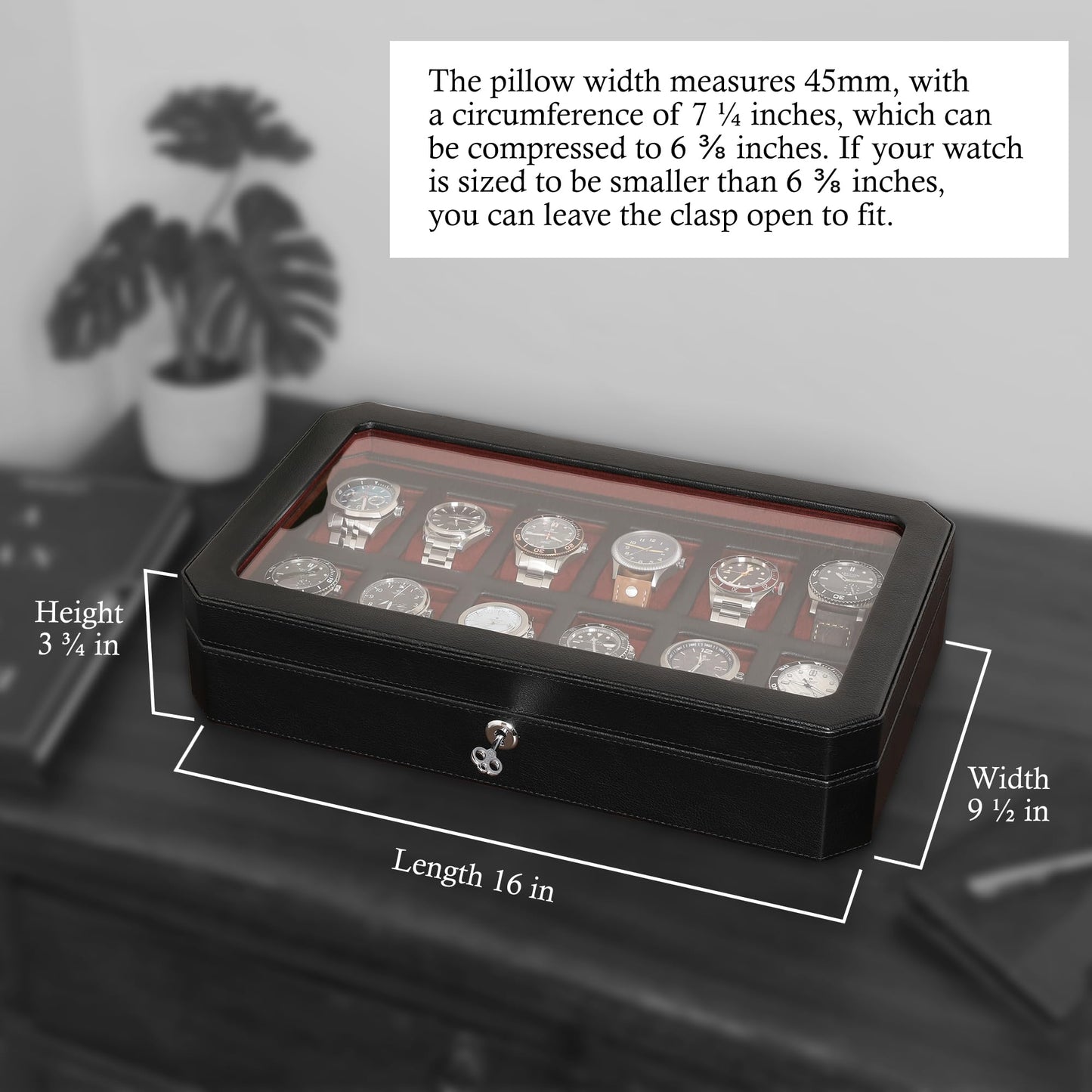 ROTHWELL 12 Slot Leather Watch Box for Men - Luxury Case Display Jewelry Organizer with Microsuede Liner - Travel Jewelry Case for Mens Accessories, Travel Organizer (Black & Red)