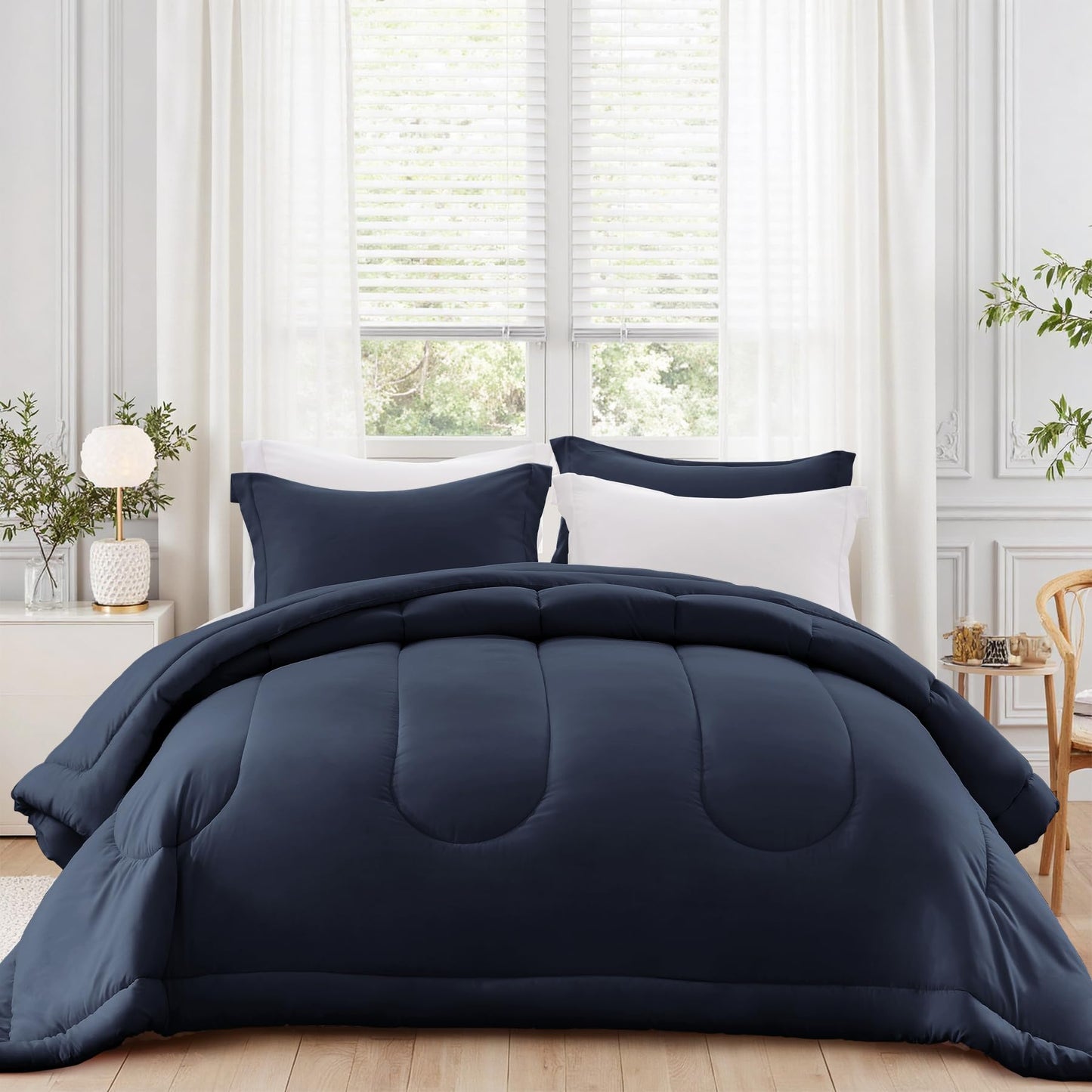 SunStyle Home Queen Comforter Set - 3 Pieces Reversible Comforters Queen Size, Lightweight Bedding Sets with 1 Down Alternative Comforter and 2 Pillow Shams for All Seasons,Navy Blue