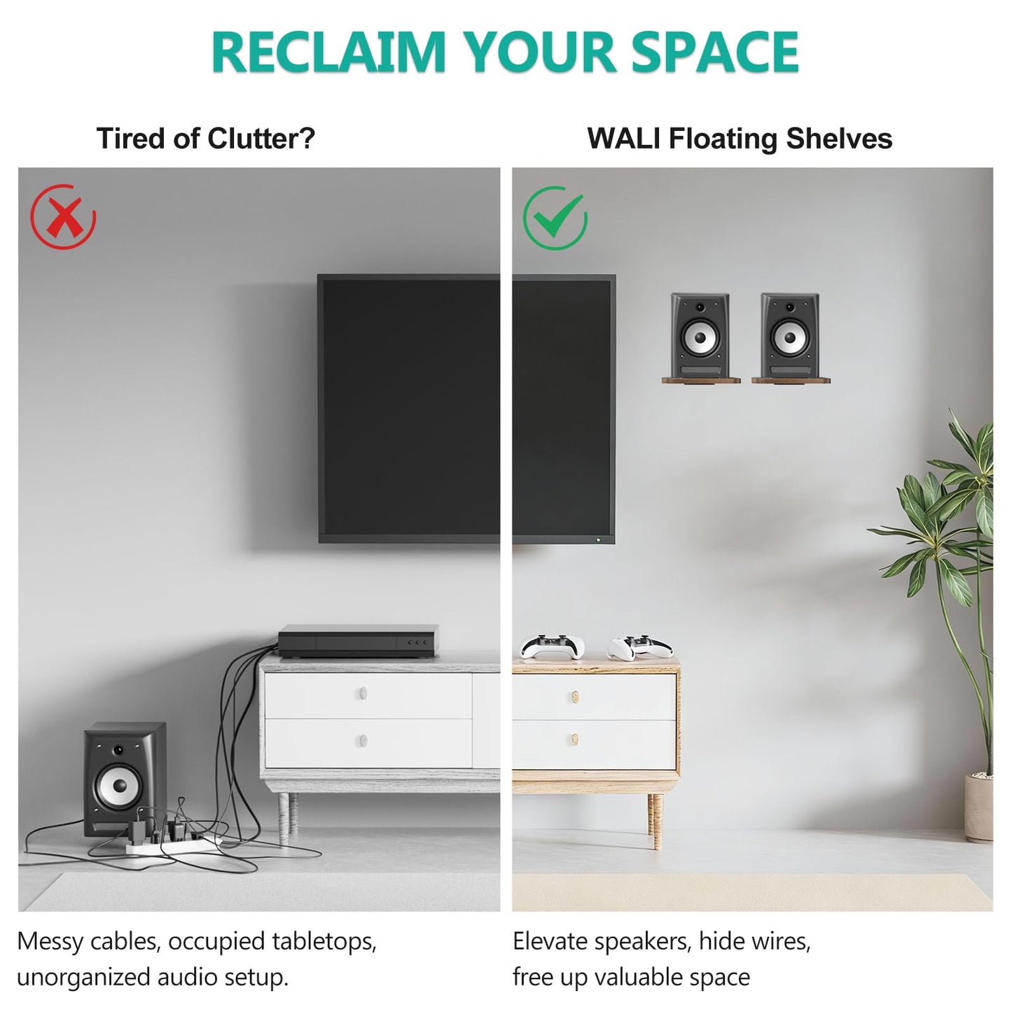 WALI Speaker Wall Mount, Heavy Duty Bookshelf Speaker Floating Wall Shelves, Surround Sound Speakers Stand for Living Room, Home Theater and Gaming Room, Holds up to 55 Lbs, (SWM302), 1 Pair, Wood