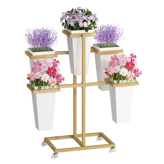 MILEFA Flower bar Stand with Buckets, Moving Flower Display Stand with Wheels, Metal Flower Cart for Bridal Shower. Wedding, Party, Garden, Gold