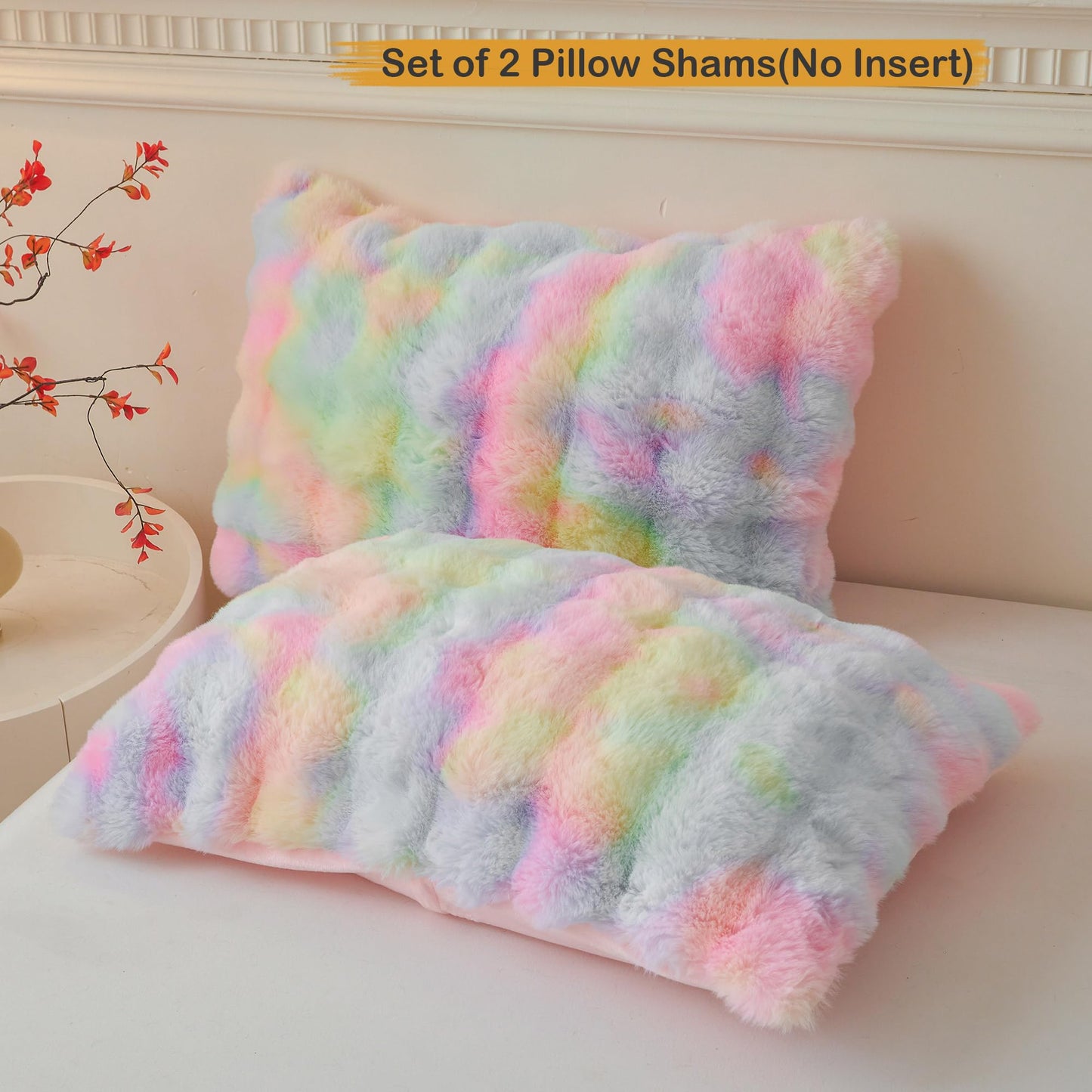 LIFEREVO 2 Pieces Fluffy Faux Rabbit Fur Pillow Cases, Luxury Soft Plush Shaggy Bubble Pillowcases Standard Size with Zipper, Furry Fuzzy Long Pillow Shams for Adult Girls Kids Teens 20x26, Rainbow