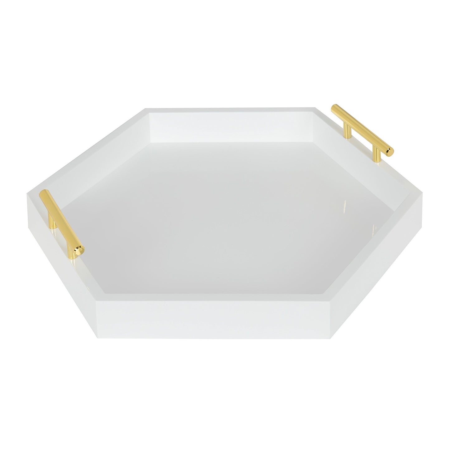 Kate and Laurel Lipton Hexagon Decorative Tray with Polished Metal Handles, White and Gold