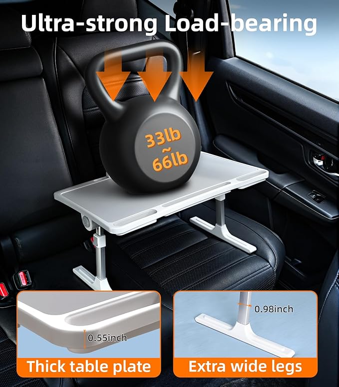 DICMKY Large Car Seat Tray Table, Foldable Travel Tray for Kids Car Seat, Height Adjustable Car Lap Desk for Laptop Computer Tablet, Rear Seat Food Eating Tray, Car Travel Essentials for Long Trips
