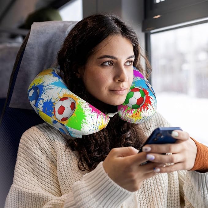 Comfortable Memory Foam Neck Pillow Splash Ink Colorful Paint Football Soccer, Travel U Shaped Airplane/Car/Flight Pillows with Removable Zipper Cover, Chin Head Neck Support Cushion
