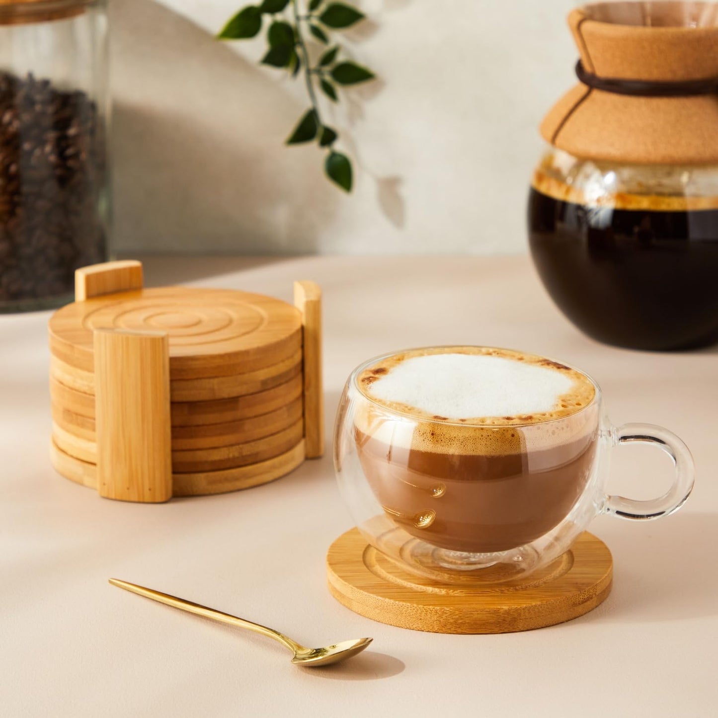 Juvale Coasters Set of 6-4.3-Inch Round Light Brown Bamboo Wood with Holder - Wooden Drink Coasters for Coffee Table Decor & Home Decor