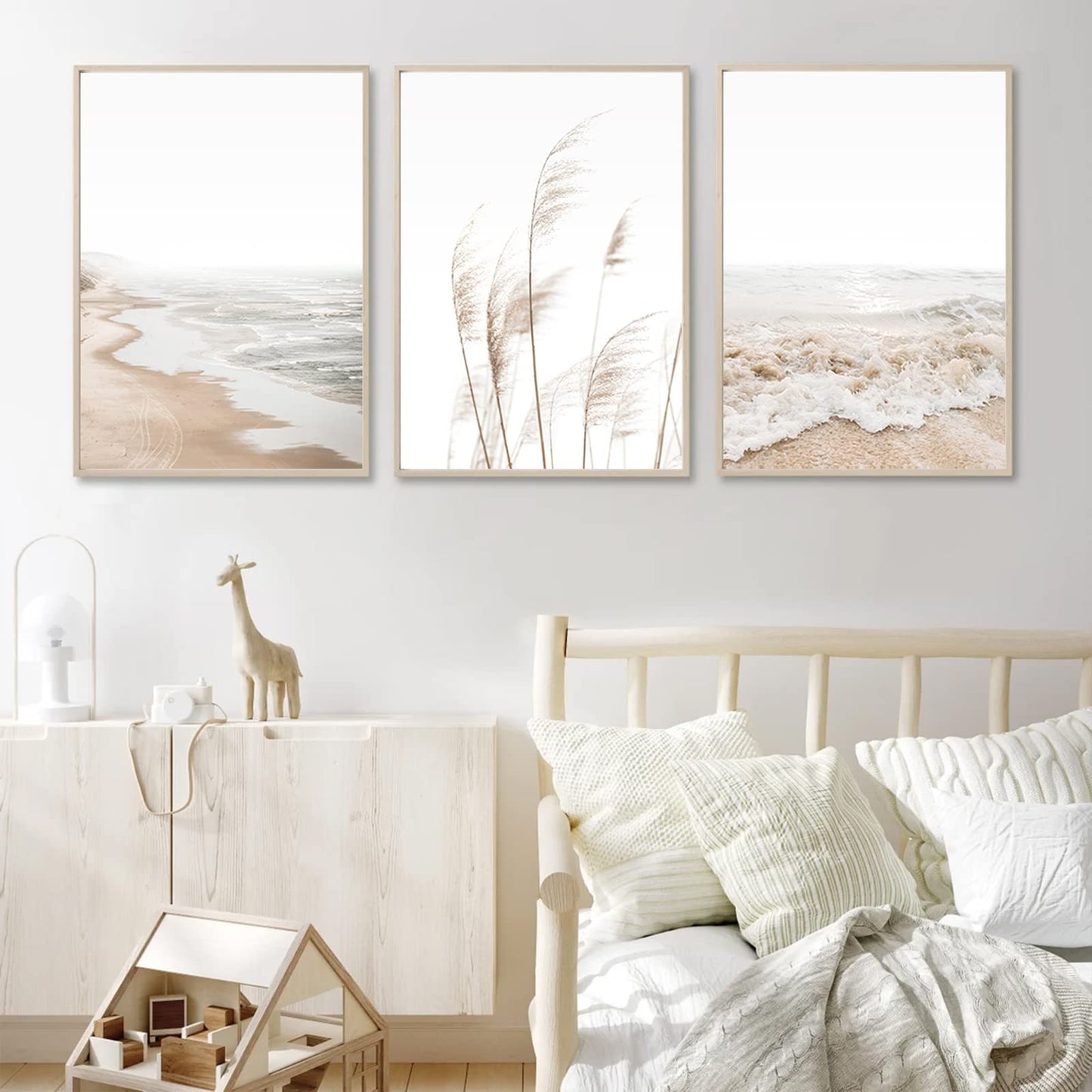Joocrise Beach Wall Art Boho Prints Coastal Canvas Wall Art Decor Beach Pictures Pampas Grass Ocean Poster Plant Landscape Scene Artwork for Living Room Bedroom 16x24 Inch Unframed Set of 3