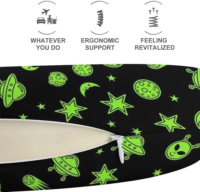 Memory Foam Travel Pillow Chin Head Support Cushion Alien Funny Spaceships Planet Green Black, Washable Removable Cover for Airplane Car Outdoor Sleep