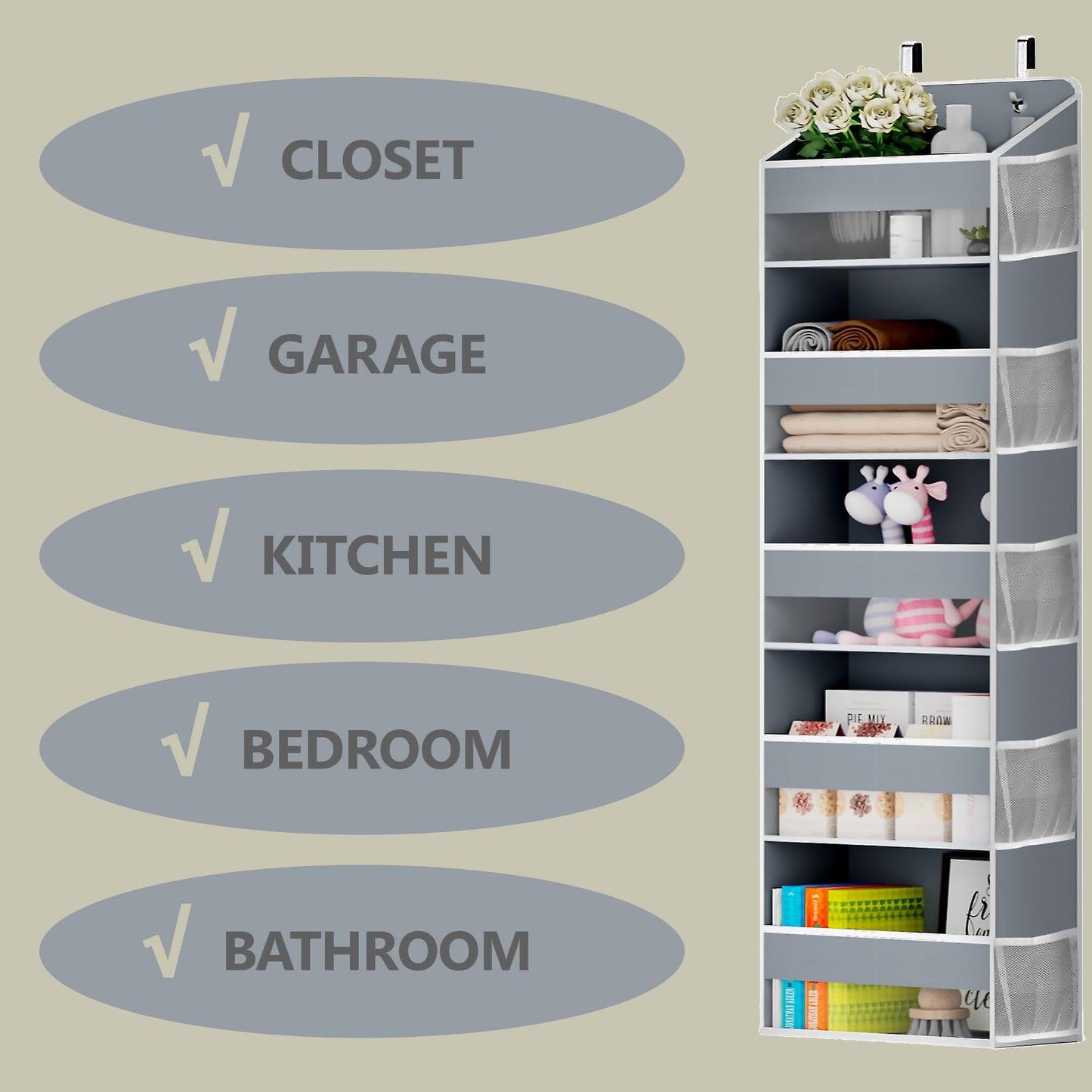 GoodMind Creations One Pack Hanging Closet Over The Door Organizer with 5 Shelf Storage for Bedroom, Bathroom, Pantry, Large Capacity Transparent Pockets for Behind Doors
