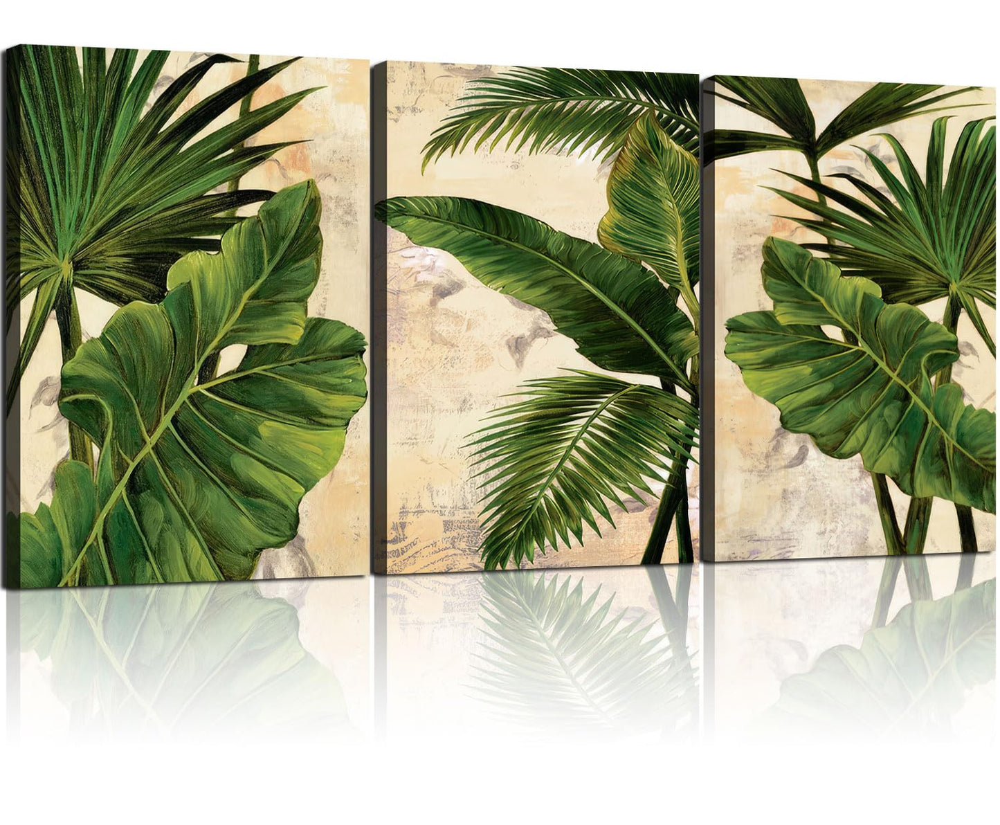 3pcs Framed Palm Leaves Banana Leaf Tropical Plants Wall Art Decor Canvas Print Nature Style Home Greenery Pictures Poster Gallery Bedroom Living Room Studio 16x24 Inch Ready to Hang