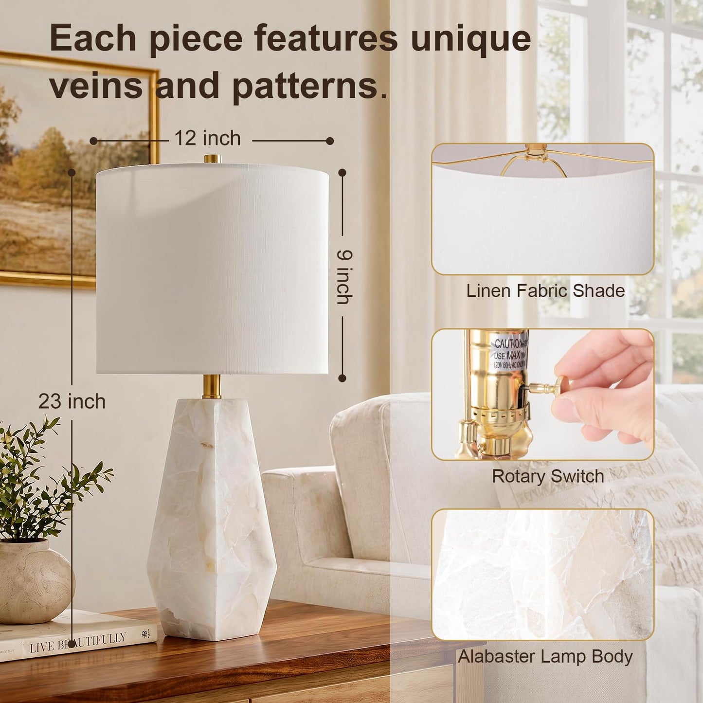 Scenekoy 23" Alabaster Table Lamps Set of 2, Modern Desk lamp with Night Light for Living Room, Rotary Switch, Bedside Lamp with Linen Shade for Bedroom Living Room Office (Bulb Included)