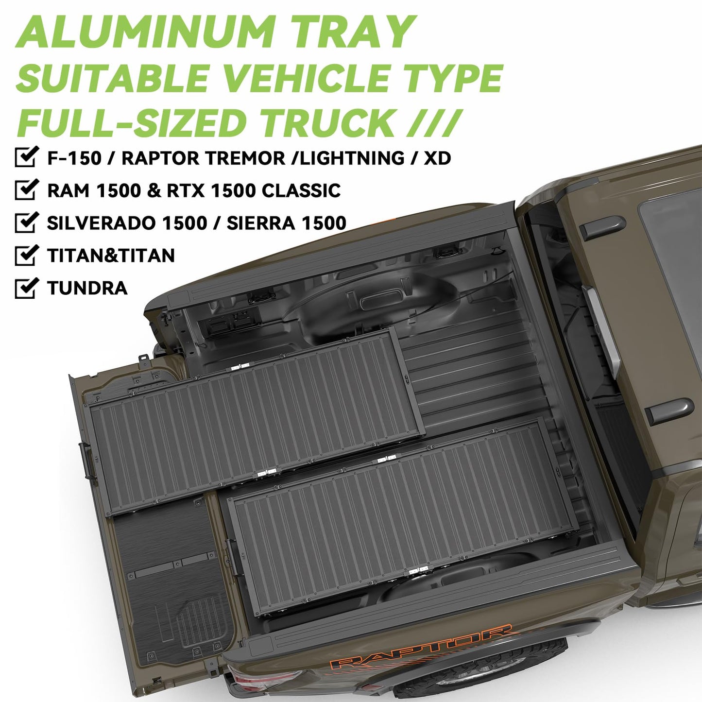 T2 Foldable Slide-Out Truck Bed Cargo Tray-Full Size for Trucks F150/Raptor，Ram/Rtx 1500 & Classic / Silverado 1500，Sierra 1500，Titan&Titan，Tundr|No Drilling Installation (62.6"-22.5" Full Tray)