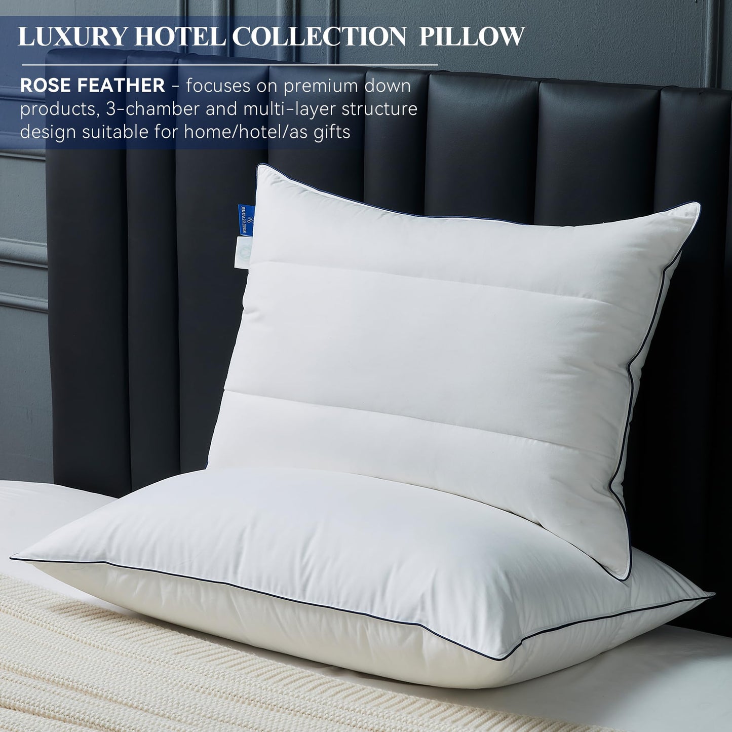 ROSE FEATHER Goose Down Pillows Queen Size Set of 2, 3-Chamber Cervical Neck Support Down Feather Pillow 100% Soft Cotton Cover Luxury Hotel Bed Goose Feather Pillows (Queen (Pack of 2))
