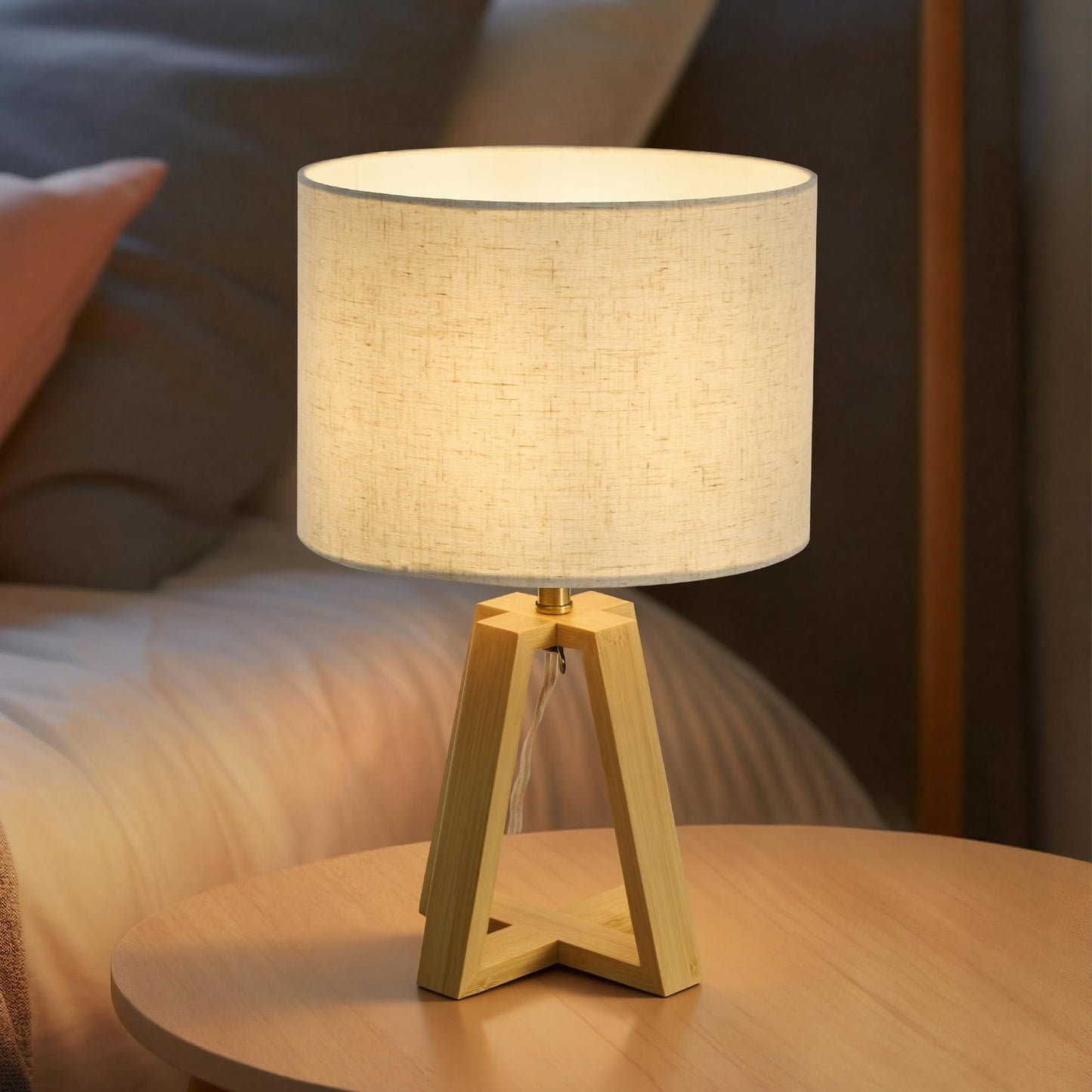 Booniture Cross-Base Table Lamp, Small Bamboo Bedside Lamp with Beige Linen Lampshade, Boho Modern Nightstand Lamp for Bedroom Living Room Office,E26 Socket (Natural Color)