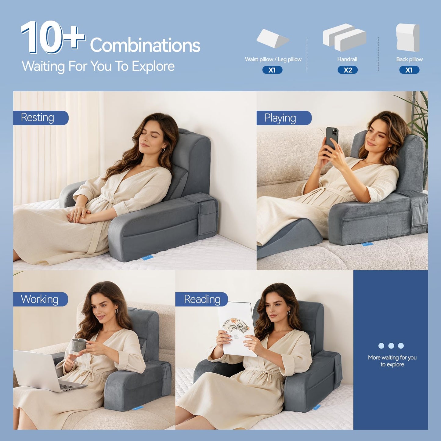 Kayfia Reading Pillow, 10 in 1 Back Pillow for Bed Sitting up with Detachable Arms Rest, Back Rest with Gel Memory Foam, Reading/Gaming/Working in Bed or Couch 19", Gray