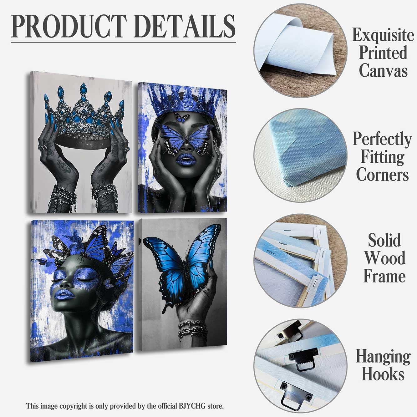 BJYCHG 4Pcs African American Canvas Wall Art Black Woman with Butterfly Painting Prints Black Queen Crown Poster Inspirational Pictures Fashion Girl Bedroom Room Decor (Blue, (8x12inx4 Pieces))