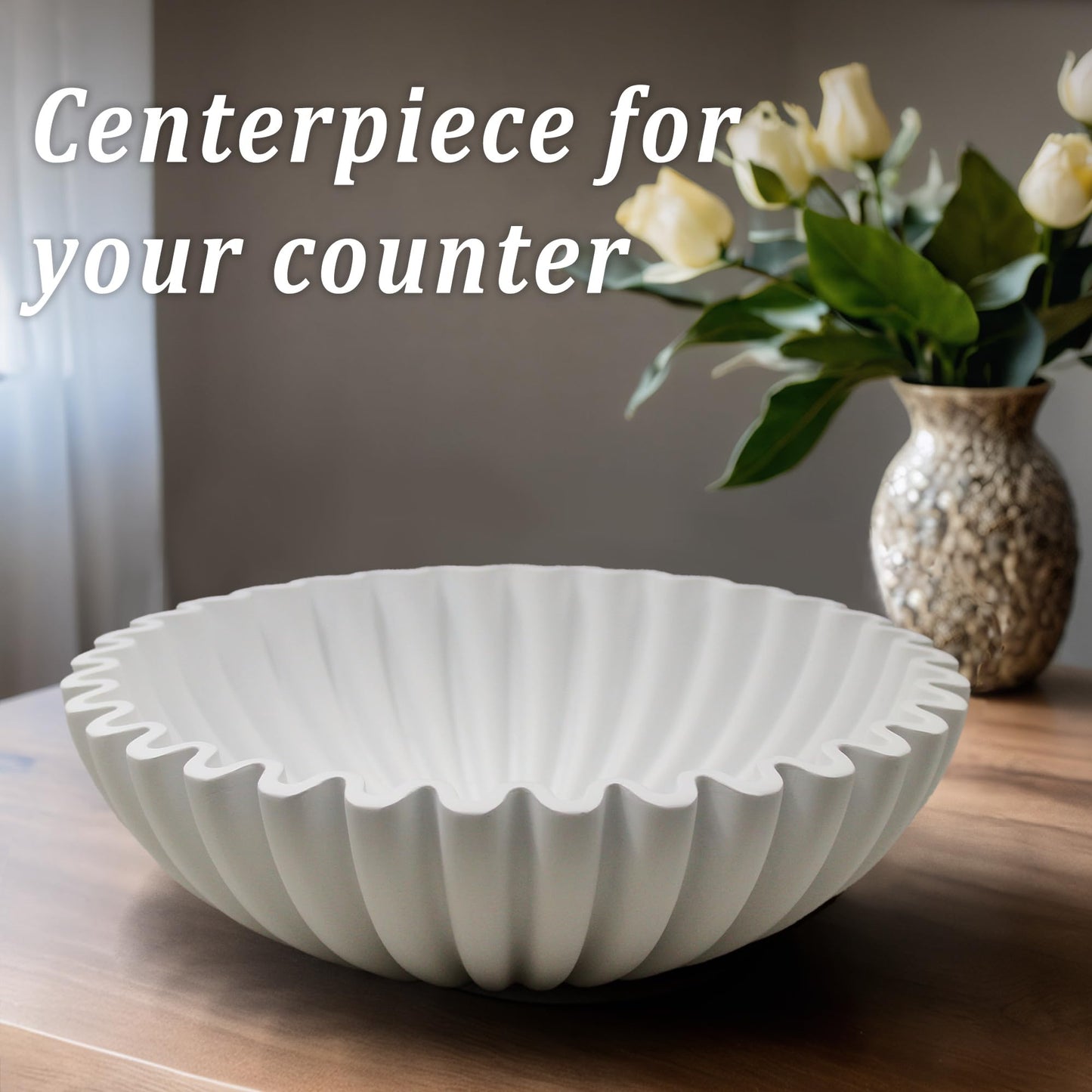 LIN CHUAN Ruffle Decorative Bowl, Large Fruit Bowl for Kitchen Counter, Stylish Key Bowl for Entry Table, Handcrafted Home Decor Display bowl, White