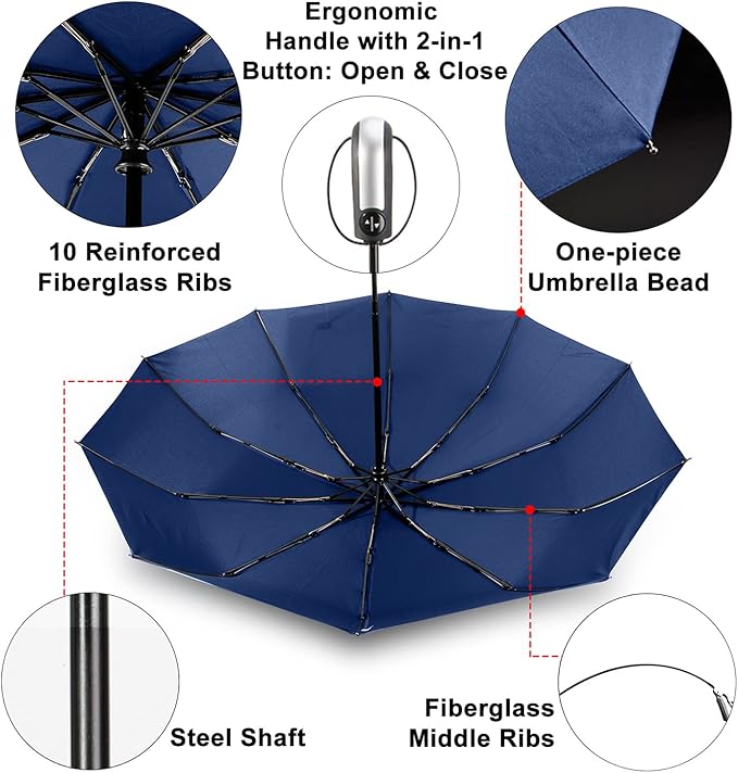 TradMall 10 Pack Bulk Umbrellas Travel Windproof Portable Compact Large Canopy Ergonomic Handle Auto Open & Close