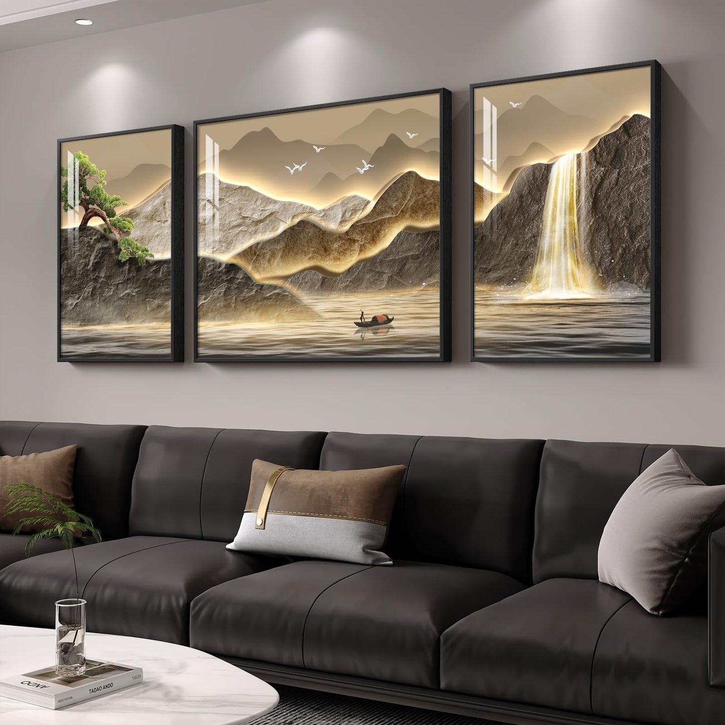 Framed Mountain Wall Art for Living Room, 3 Piece Brown Landscape Painting Prints, Modern Luxury Bright Style Pine Tree Waterfall Artwork for Dining Room,Hallway Office Wall Decor