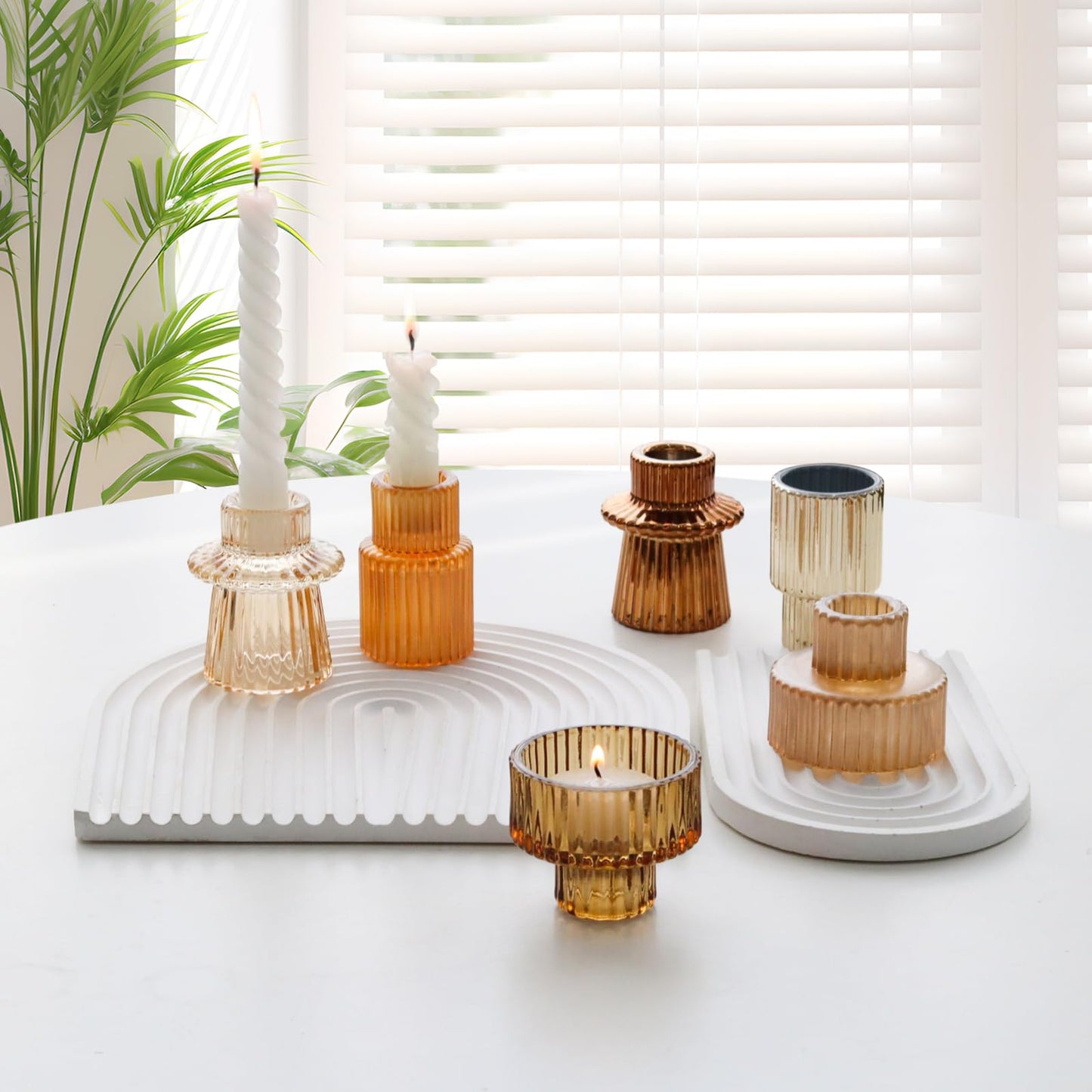SYFURNIX Gold Candlestick Holders 6PCS for Tealight Candle Stick Candles, Ribbed Glass Taper Candle Holders Set Table Centerpieces for Thanksgiving Christmas Farmhouse Decor Indoor and Outdoor