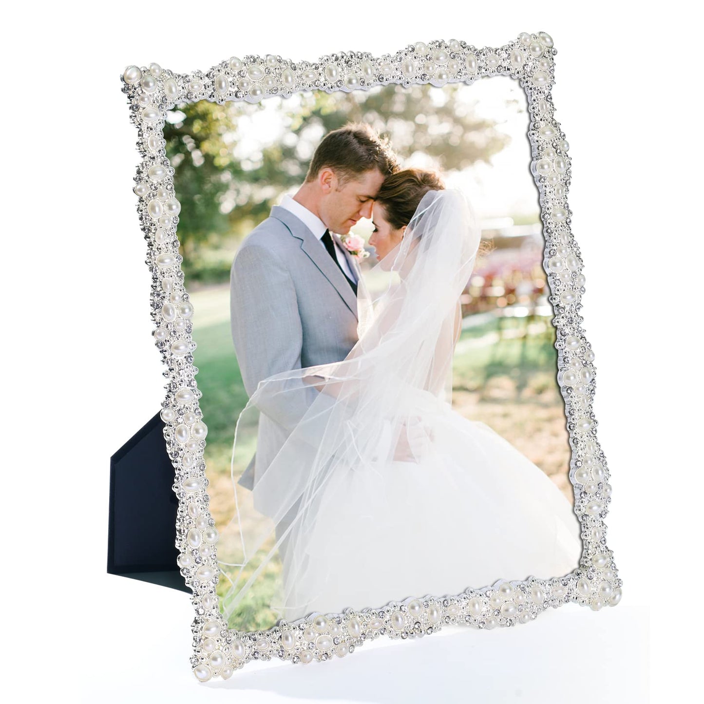 DIKAR 8x10 Picture Frame with Pearl for Wedding, Silver Plated with HD Acylic Finish Photo Frames with Rhinestones for Horizontal and Vertical Decor Tabletop Display