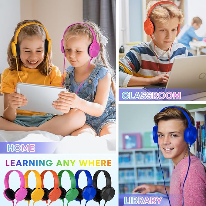 Kids Headphones Bulk 5 Pack for School Classroom Students K-12, Wholesale Wired Durable Headphones for Children Toddler Boys Girls Computer Chromebook Laptop PC (LS450, 5 Mixed)
