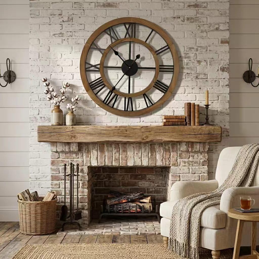 Blueprint Ivy 24 Inch Large Rustic Wall Clock Silent Non-Ticking Wooden Wall Clocks with Roman Numerals Farmhouse Decorative Clock for Living Room Bedroom Office (Brown, 24 Inch)