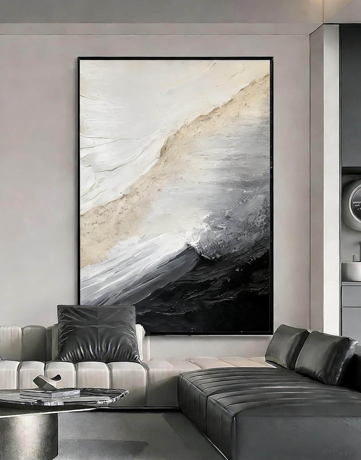 3D Textured White and Black Seascape Wall Art For Entryways, Large Framed Impasto Abstract Oil Painting for Living Room,Neutral Tone Wabi-Sabi Minimalist Wall Decor for Office/Bedroom 28x40 inches