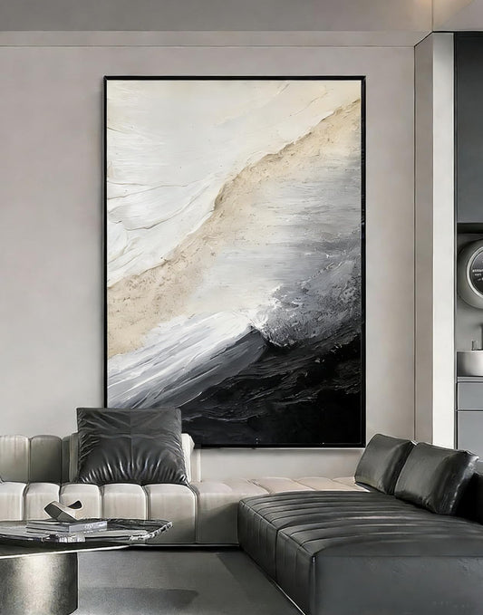 3D Textured White and Black Seascape Wall Art For Entryways, Large Framed Impasto Abstract Oil Painting for Living Room,Neutral Tone Wabi-Sabi Minimalist Wall Decor for Office/Bedroom 28x40 inches