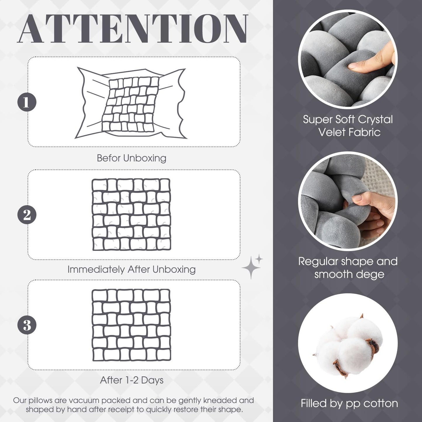 Wenqik 2 Pcs Knot Pillows Square Knotted Plush Throws Soft Accent Pillows Decoration Cushion for Couch Home Office Living Room Bedroom Bed Sofa Decor, 12'' x 13''(Light Gray,Crystal Velvet)
