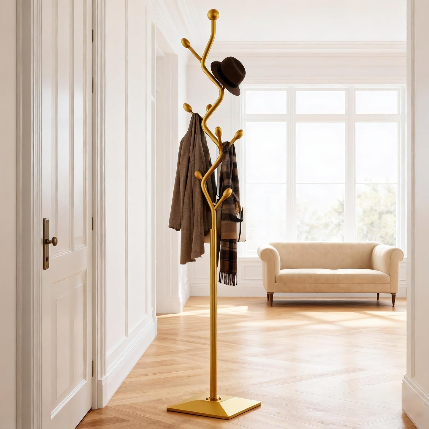 ZEYEXE Gold coat rack,Coat Tree Freestanding heavy duty with 8 Hooks and Sturdy Metal Base for Coat Hats Purses,Tree-shaped Coat Stand for Entryway,Bedroom